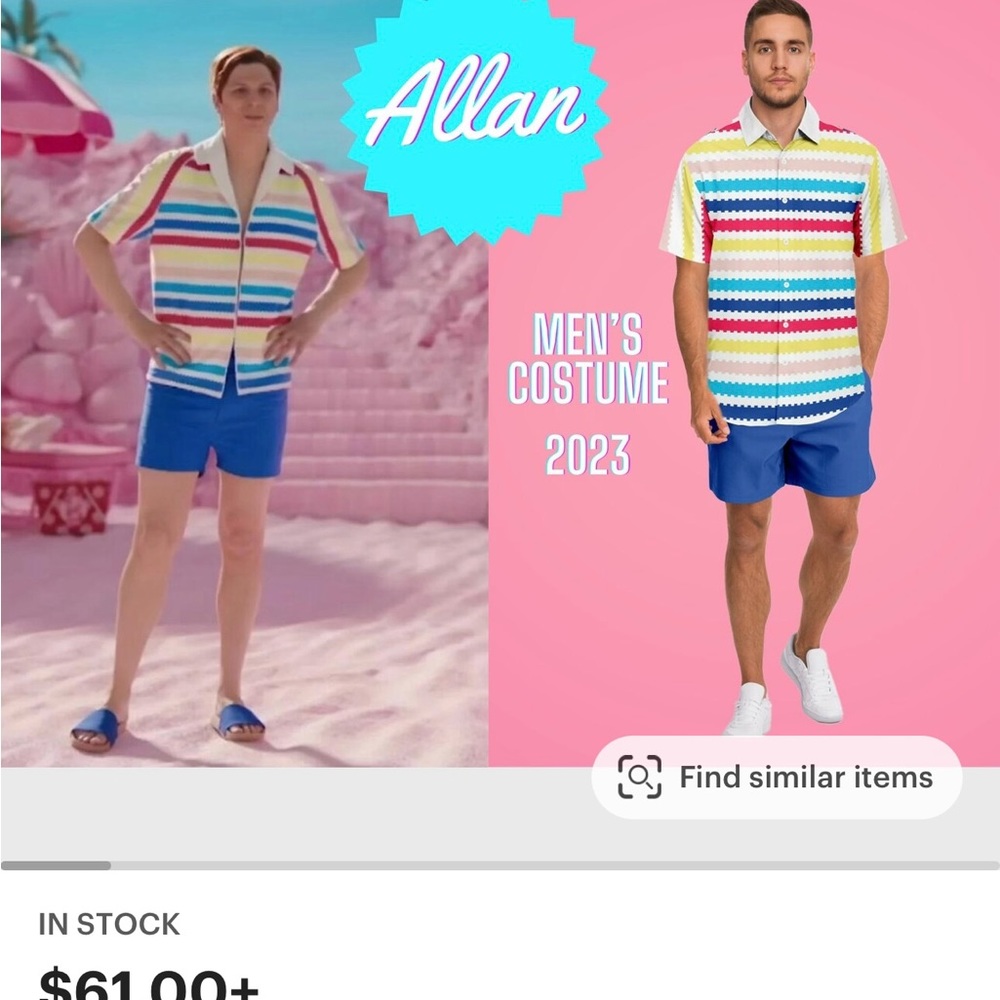 “ALLAN” costume from BARBIE shirt size Men’s small and shorts Men’s large